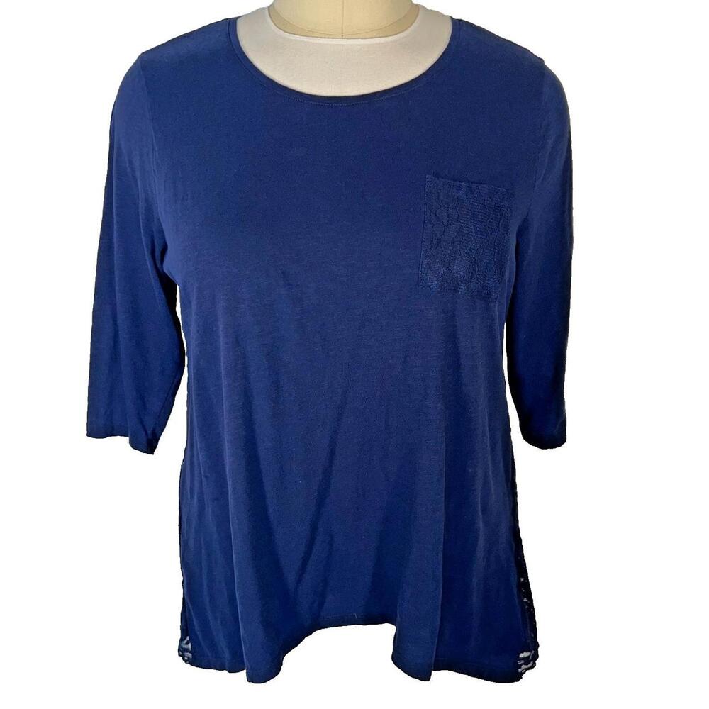 Style & Co Tunic Top Womens XL Navy Lace Back Tulip Petal Hem 3/4 Sleeve Pocket